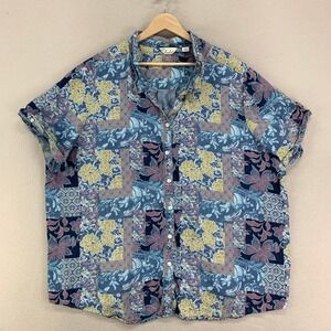 Caffe‎ Marrakesh Blouse Womens 3X Blue Floral Tencel Lyocell Button Front